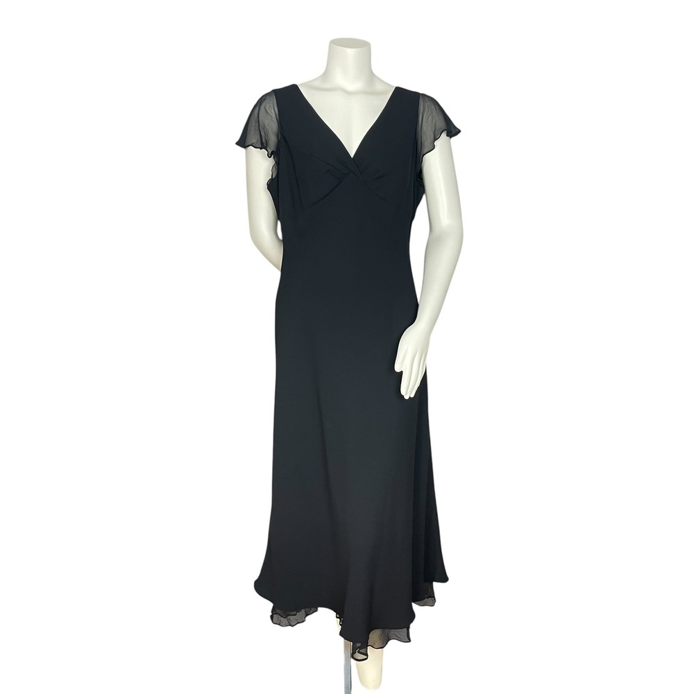 Vintage Jones New York Dress Midi Dress Women 16 Black Sheer Flutter Sleeve
